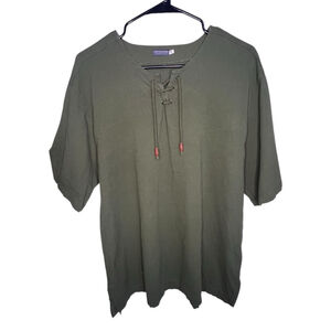 Earthbound Trading Co Olive Green Lace Up Boho Relaxed Fit Short Sleeve Blouse